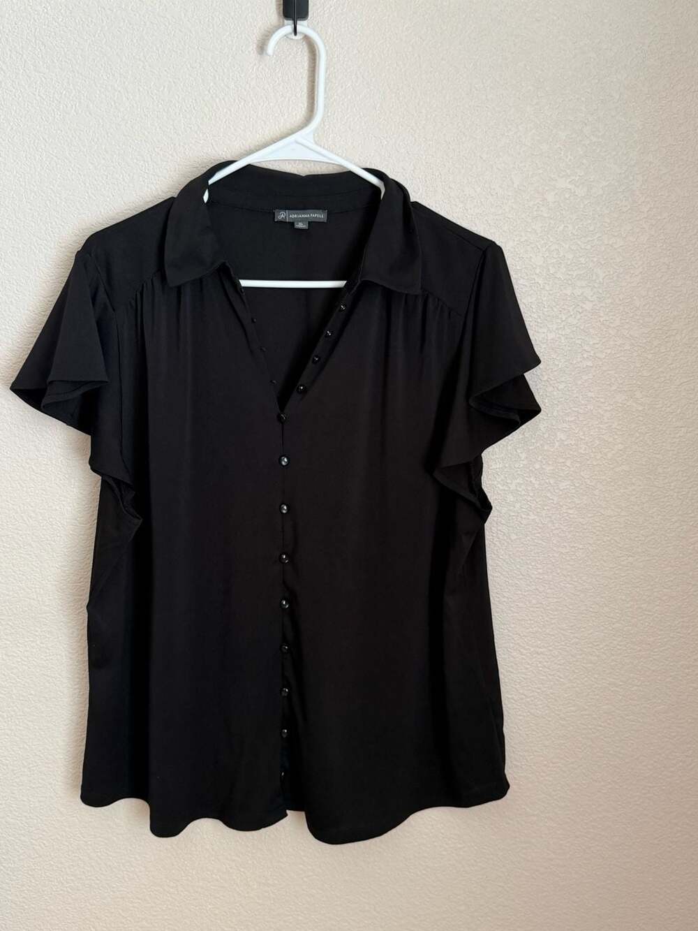 Adrianna Papell Women's Black Flutter Sleeve Button-Down Blouse Size XL